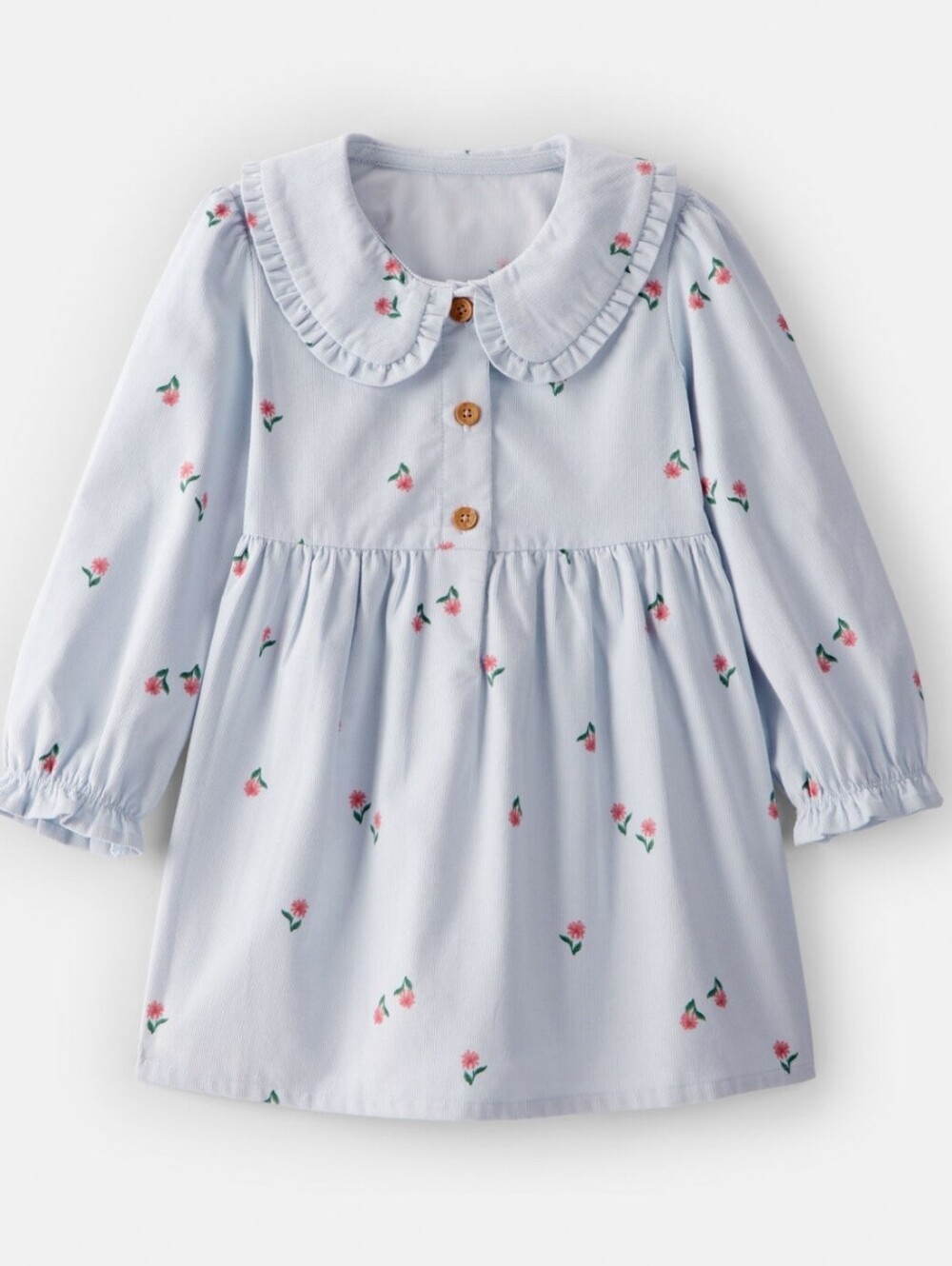 OshKosh Light Blue Corduroy Floral Dress with Ruffled Peter Pan Collar, 18M